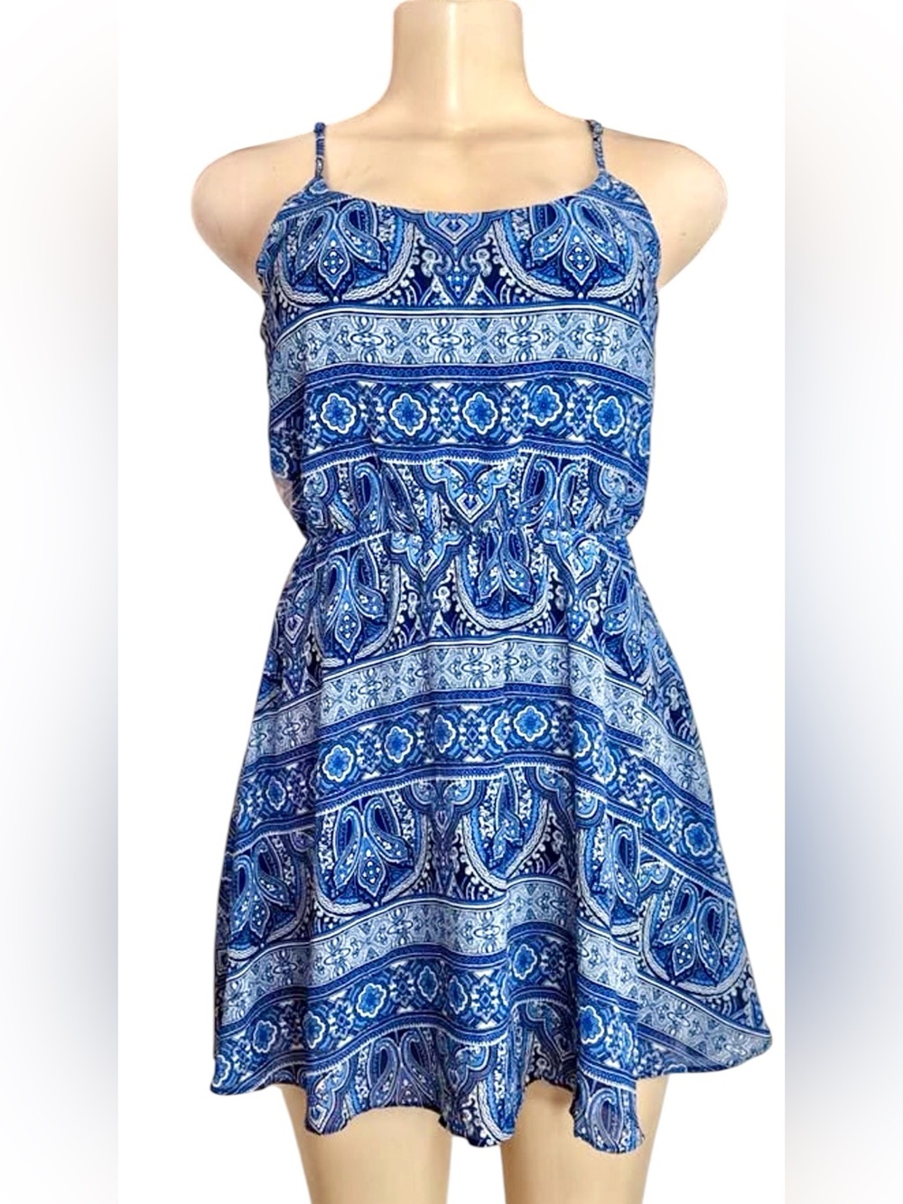 Forever 21 Womens L Blue Paisley Above Knee Lined Adjustable Straps Sundress